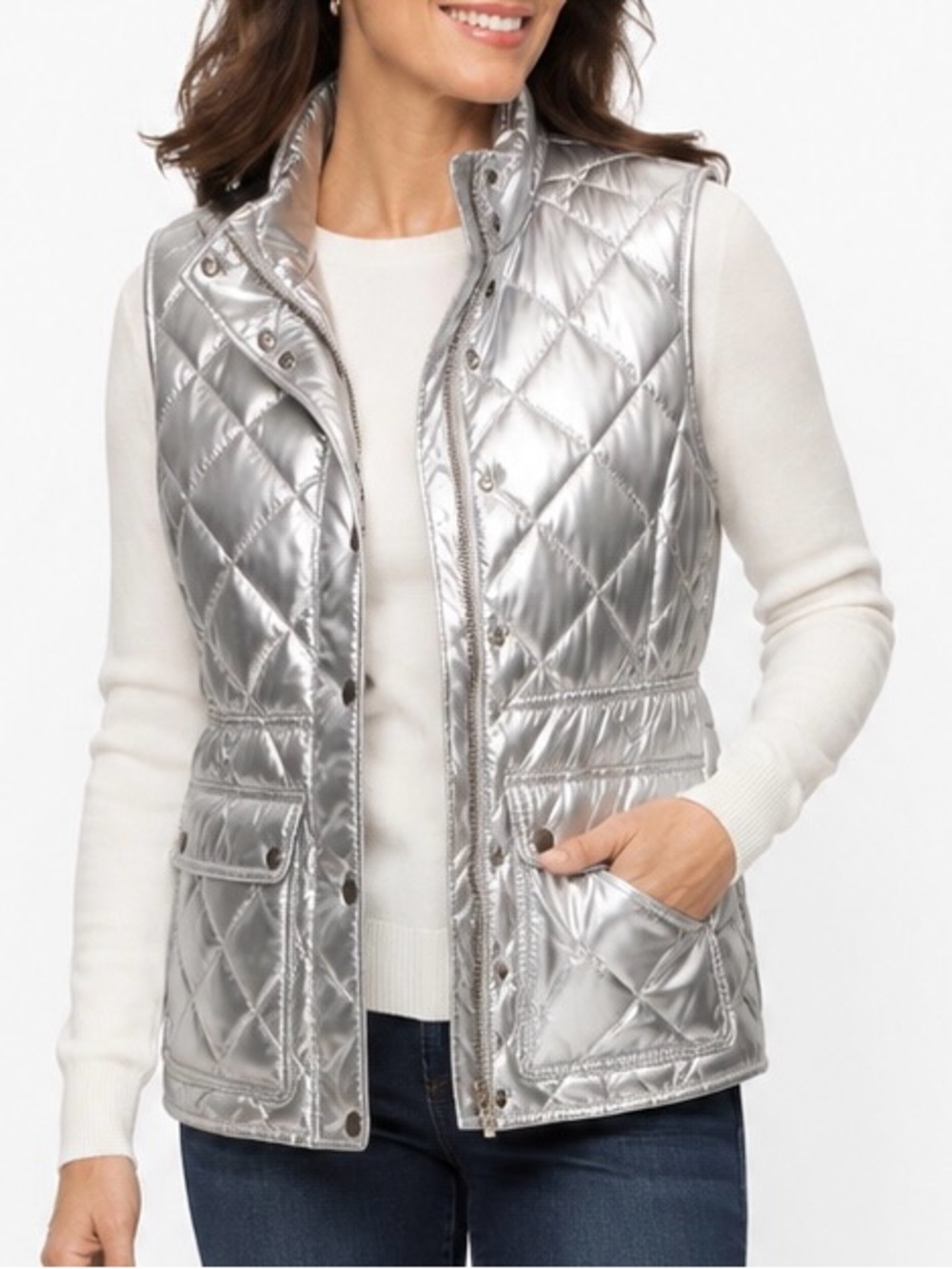 Talbots Metallic Silver Quilted Puffer Vest Large Zip Snap Front Pockets